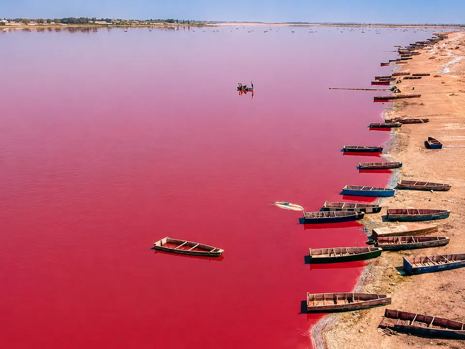 Vue panoramique du Lac Rose et de ses pirogues